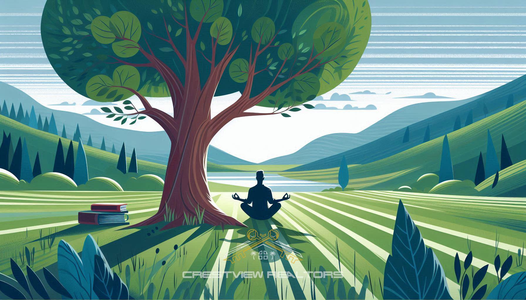 A person meditating or reading under a tree on their own land – for tranquility and well-being.